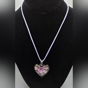 ❤ 🌼 Satin Cord Necklace Blown Glass Heart Pendant Floral Design & Glitter Bits